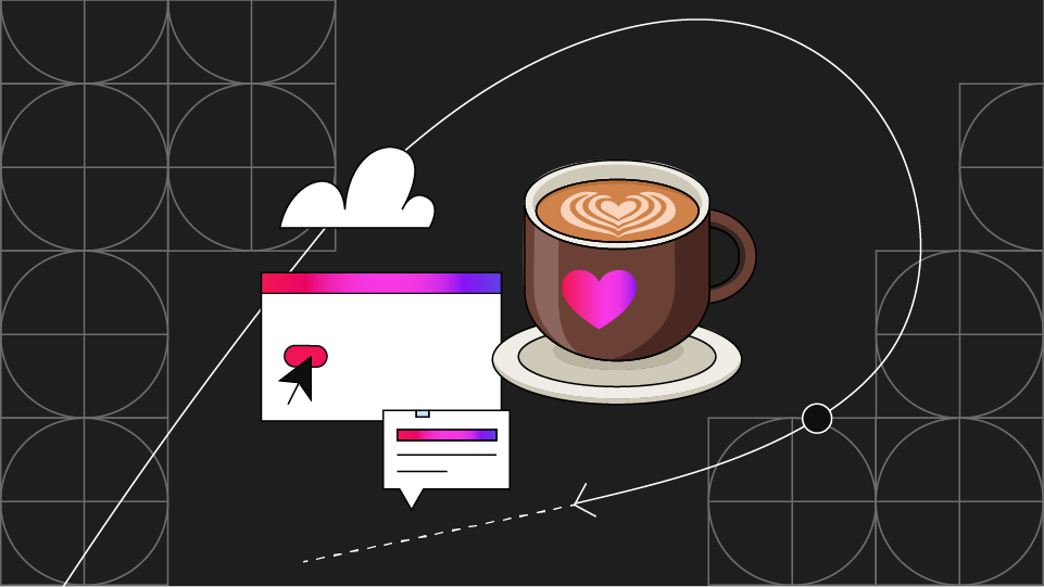 Gambar cangkir kopi dengan halaman browser web dan antarmuka chat di latar belakang
