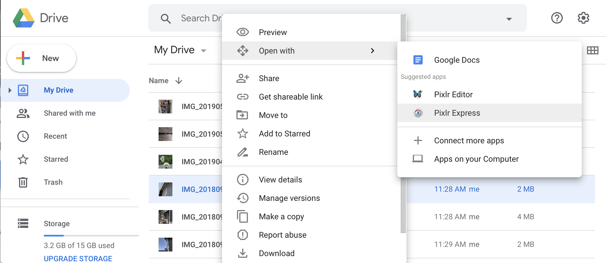 Mục trình đơn mở bằng của giao diện người dùng Google Drive